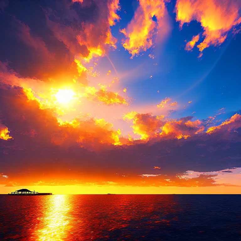 Fiery orange sunset over ocean with pier silhouette