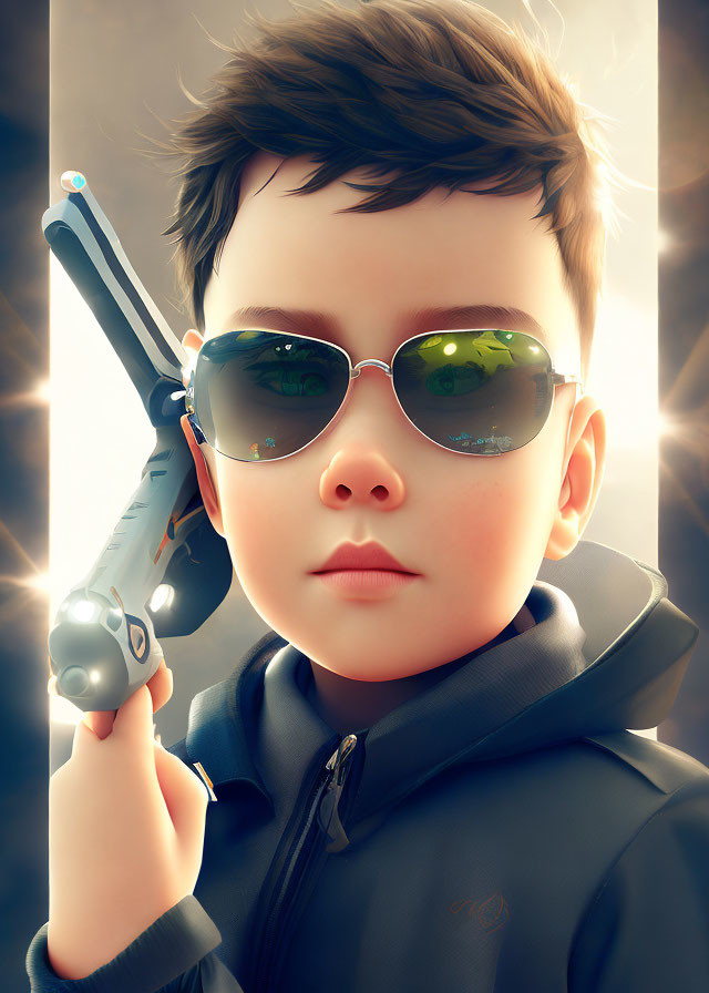 Digital artwork: Boy with dark hair, sunglasses, toy gun, dramatic light flare.