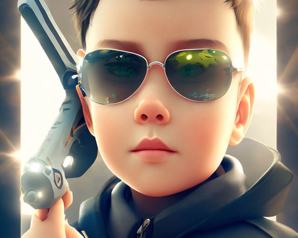 Digital artwork: Boy with dark hair, sunglasses, toy gun, dramatic light flare.