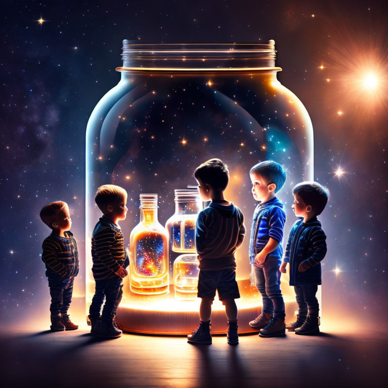 Children observing glowing jar with miniature galaxy in larger jars against starry backdrop.