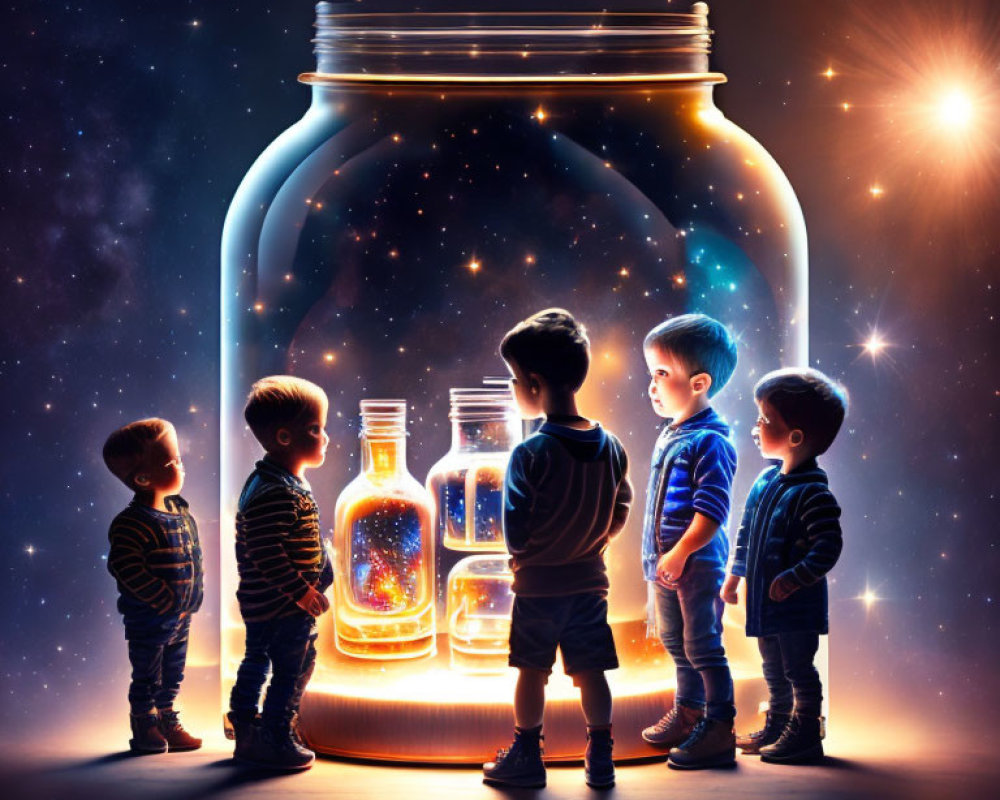 Children observing glowing jar with miniature galaxy in larger jars against starry backdrop.