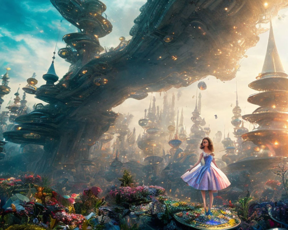 Woman in dress gazes at floating city on flower platform in magical landscape