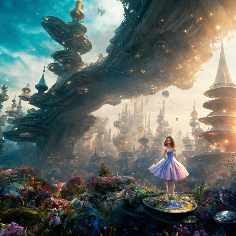 Woman in dress gazes at floating city on flower platform in magical landscape