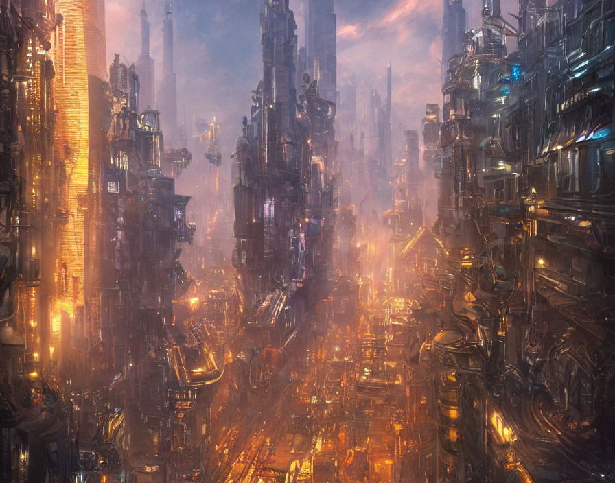 Futuristic cityscape with towering skyscrapers in warm light