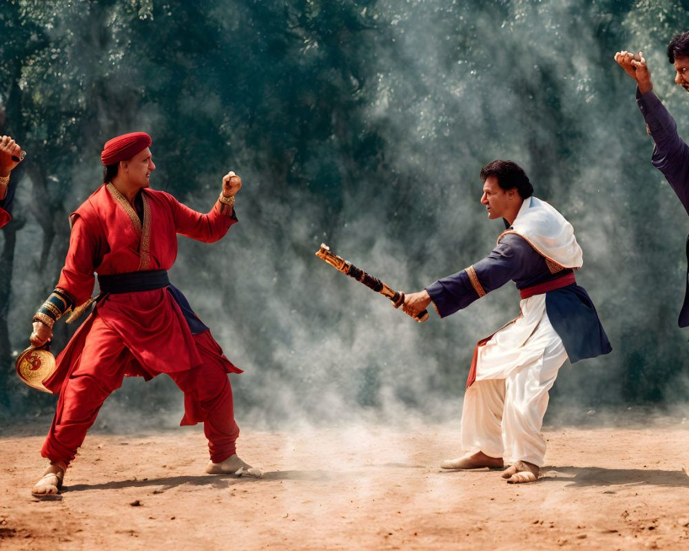 Traditional weapon combat between martial artists in dusty outdoor setting.