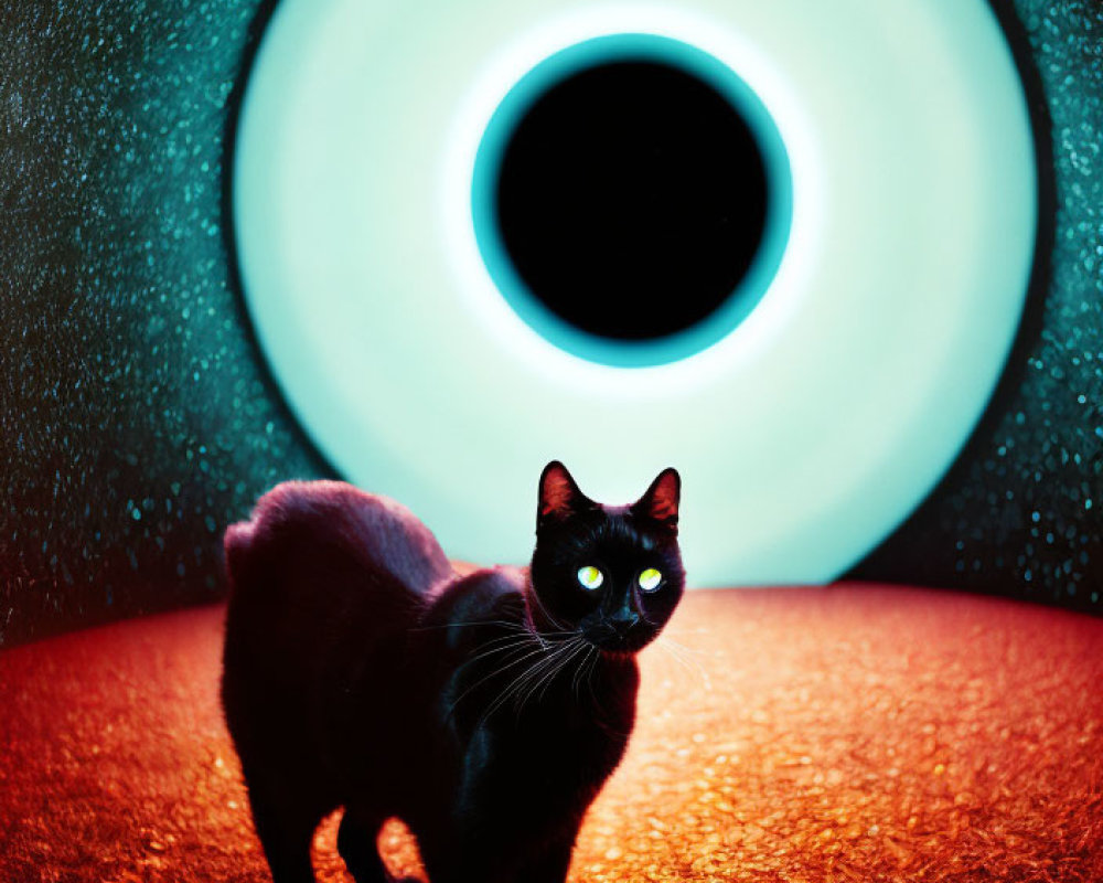 Black Cat with Glowing Eyes and Blue-White Portal