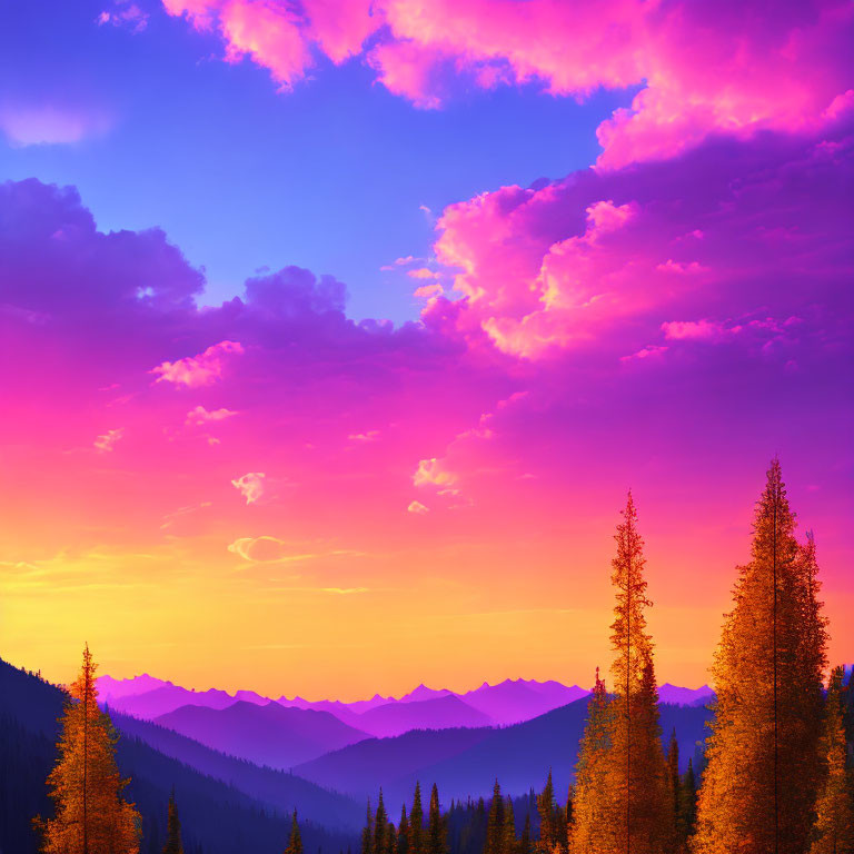 Colorful sunset over mountain landscape with silhouetted trees.