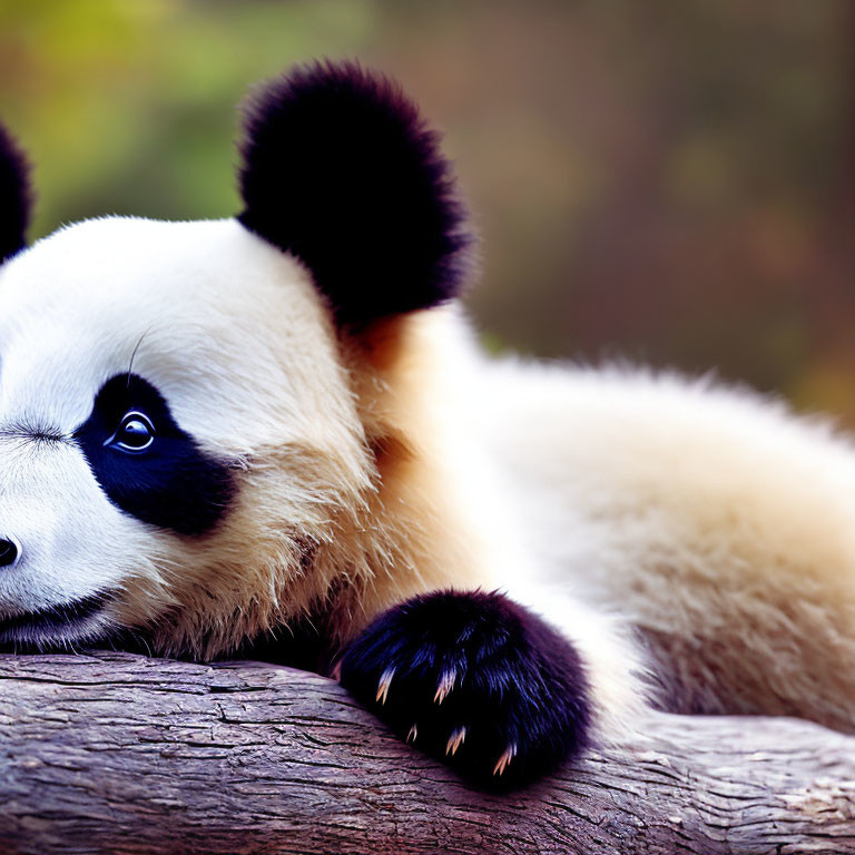 Giant panda resting head on wooden log with soft-focus background