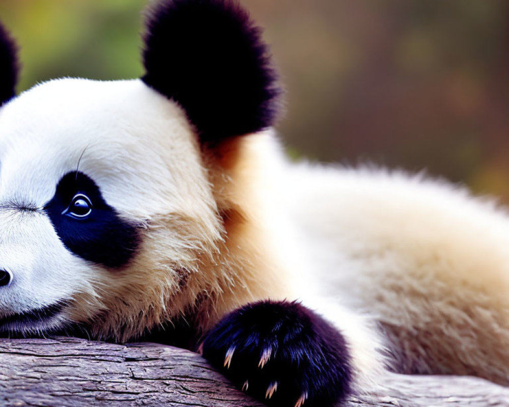 Giant panda resting head on wooden log with soft-focus background