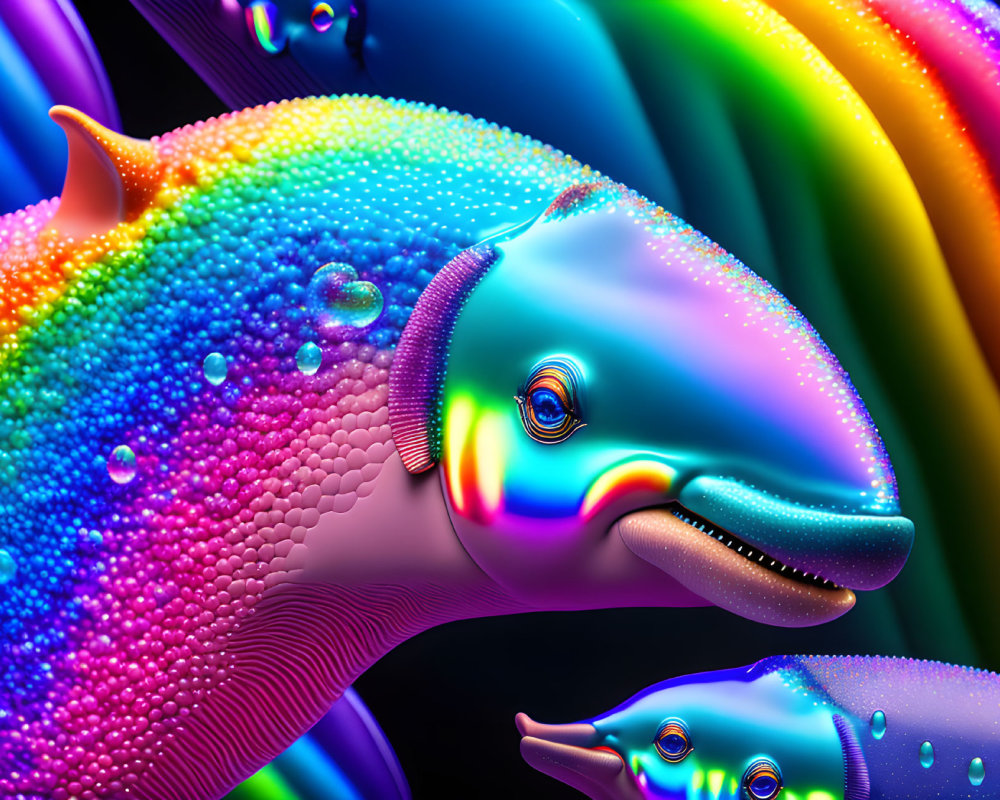 Neon-colored dolphins digital art with rainbow hues