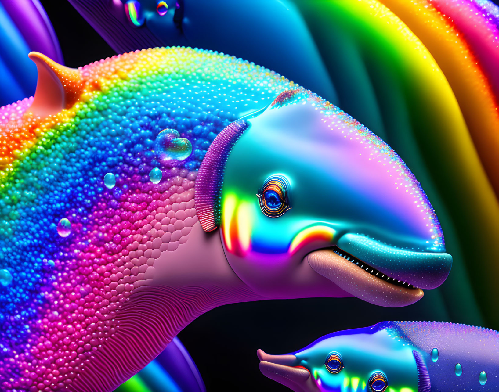 Neon-colored dolphins digital art with rainbow hues