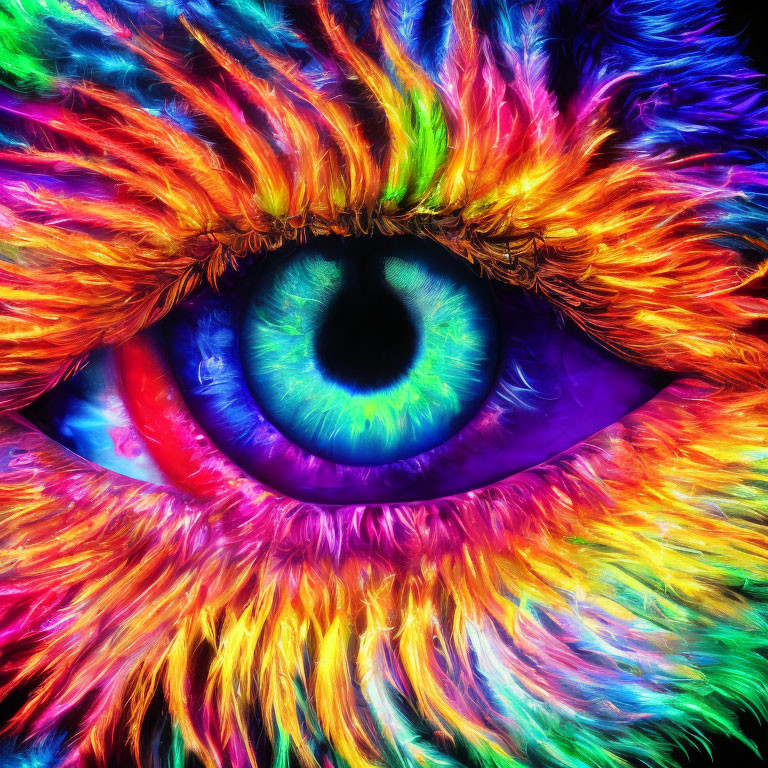 Colorful Human Eye Surrounded by Rainbow Feathers