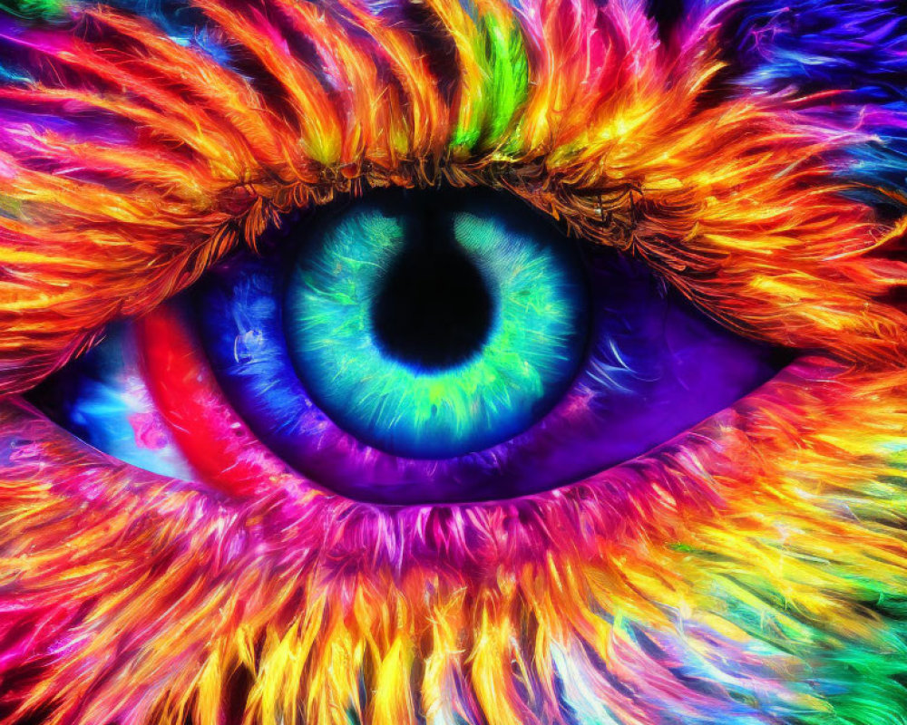 Colorful Human Eye Surrounded by Rainbow Feathers