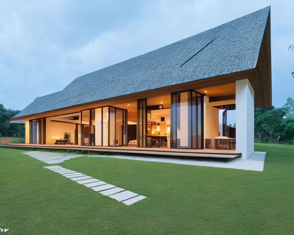 Contemporary house design with large glass windows and slanted roof in a landscaped setting at twilight