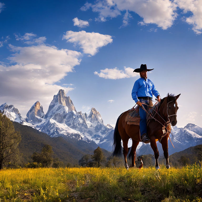 Cowboy on Horseback in Field with Yellow Flowers and Snow-Capped Mountains