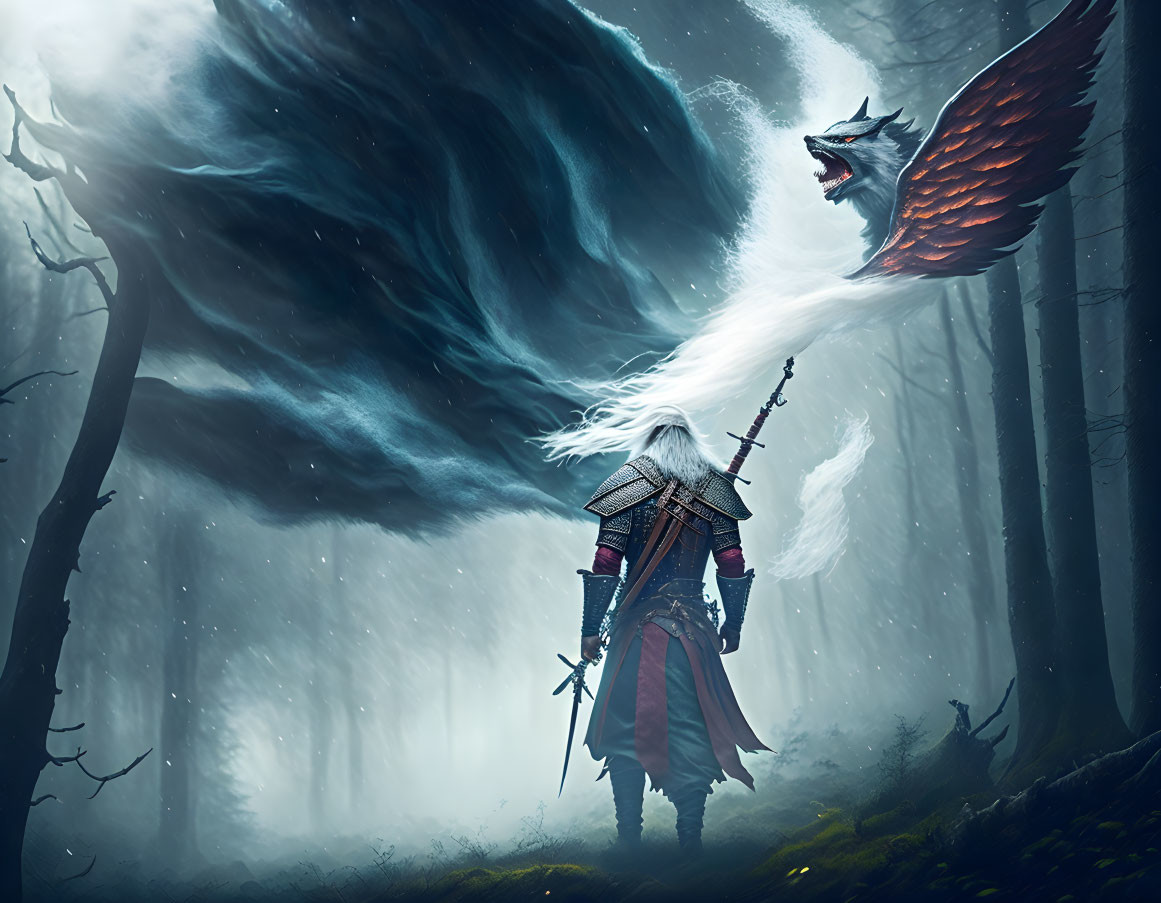 White-haired warrior confronts frost-breathing dragon in misty forest