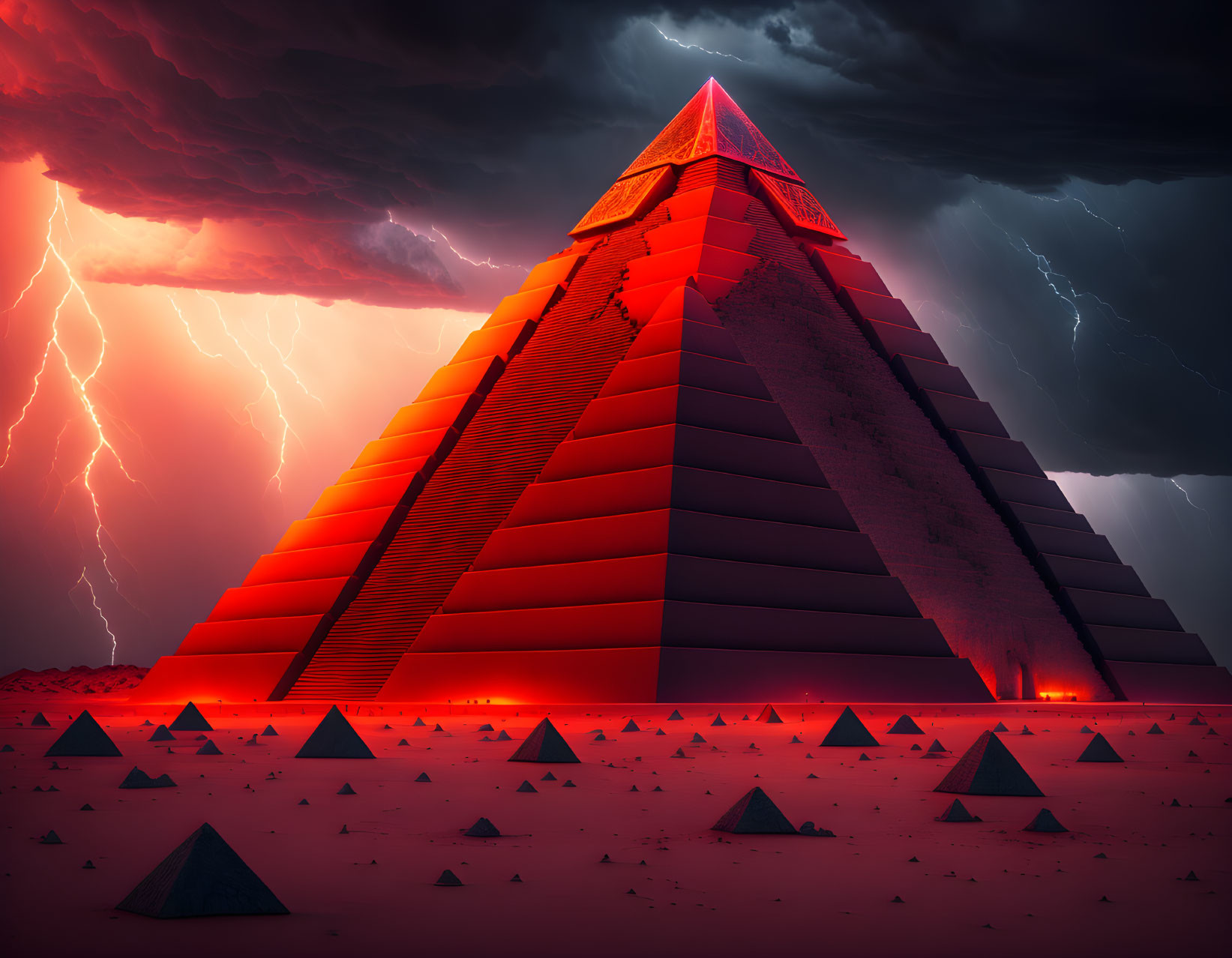 Stormy Sky Illuminated Pyramid and Smaller Pyramids Scene