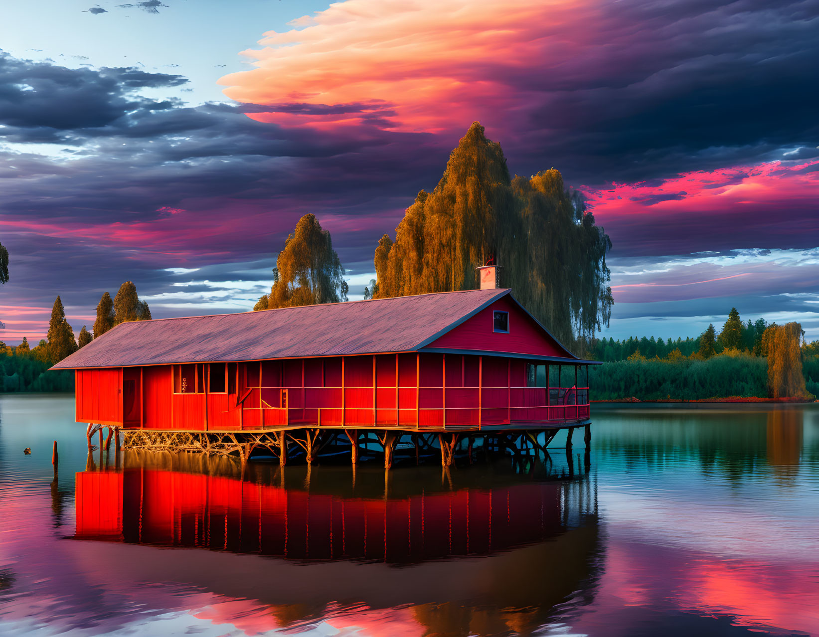 Scenic sunset over lake with pink and blue sky, red boathouse, lush greenery