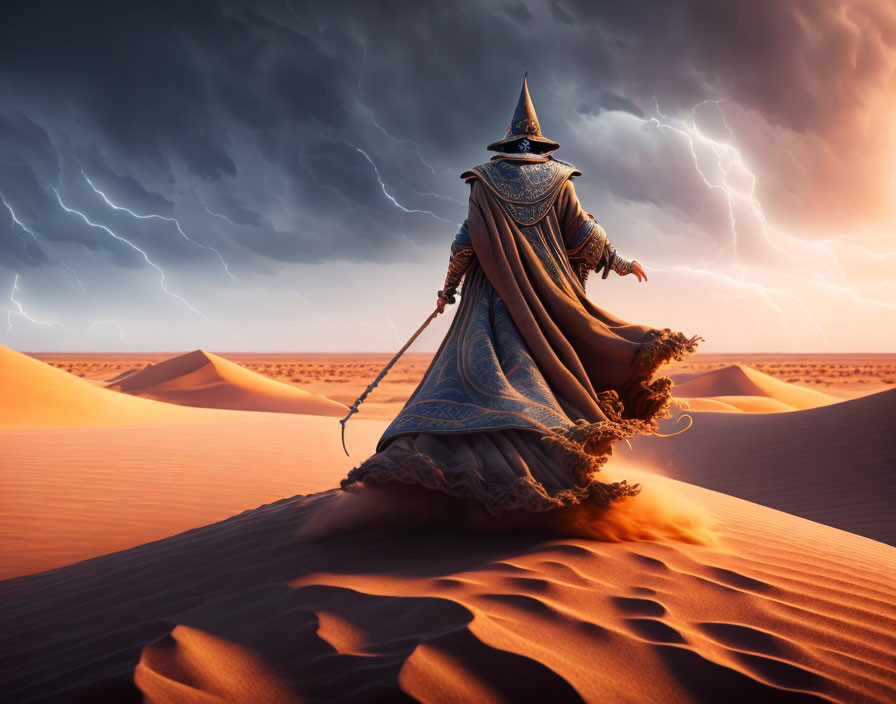 Mysterious robed figure with staff on sand dune under stormy sky