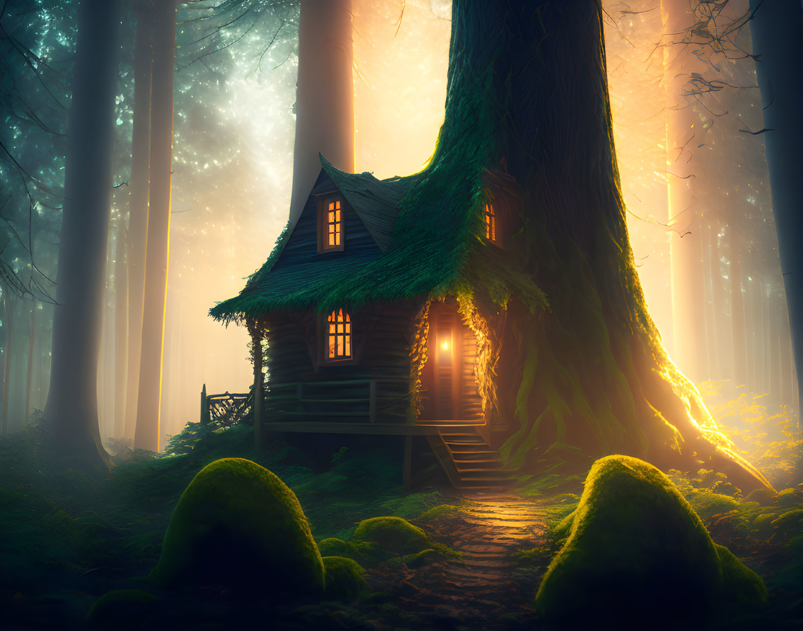 Wooden house nestled by giant tree in mystical forest with sunbeams.