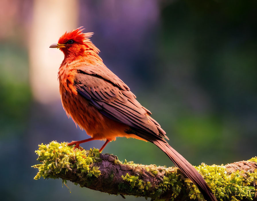 Colorful cardinal bird perched on mossy branch in nature scene