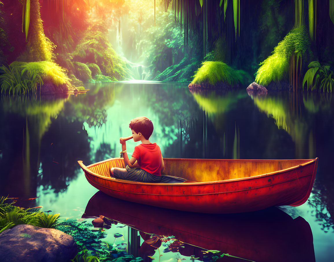 Child in Red Canoe on Tranquil Forest Lake with Mystical Light