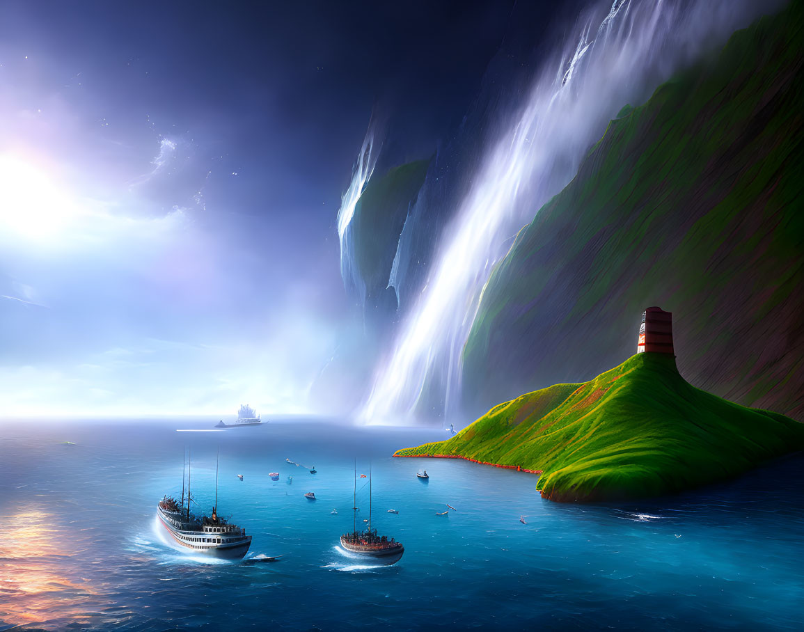 Sailing ships near lush island with lighthouse and waterfalls