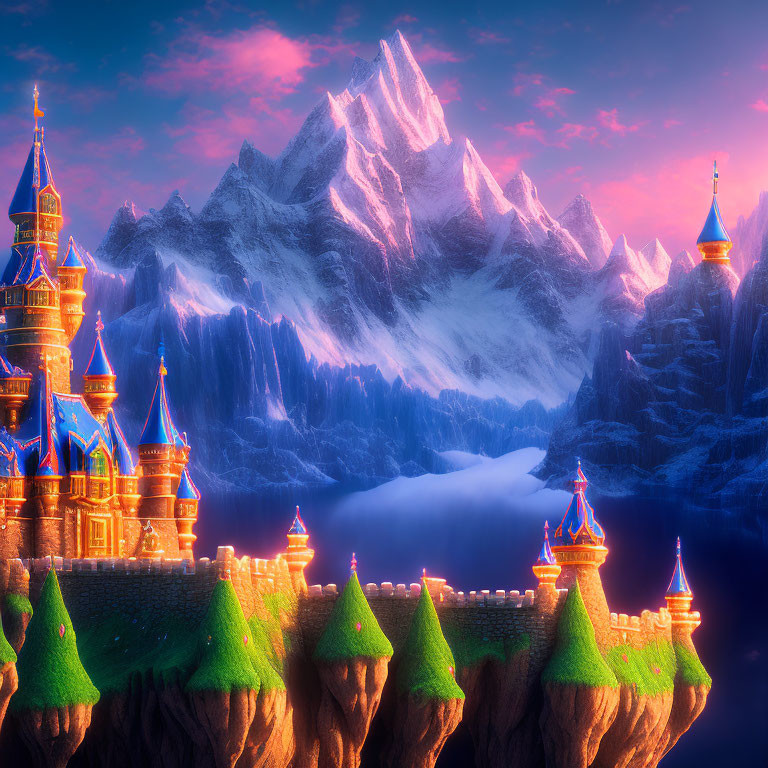 Vibrant Fantasy Castle on Cliffs with Misty Mountain View