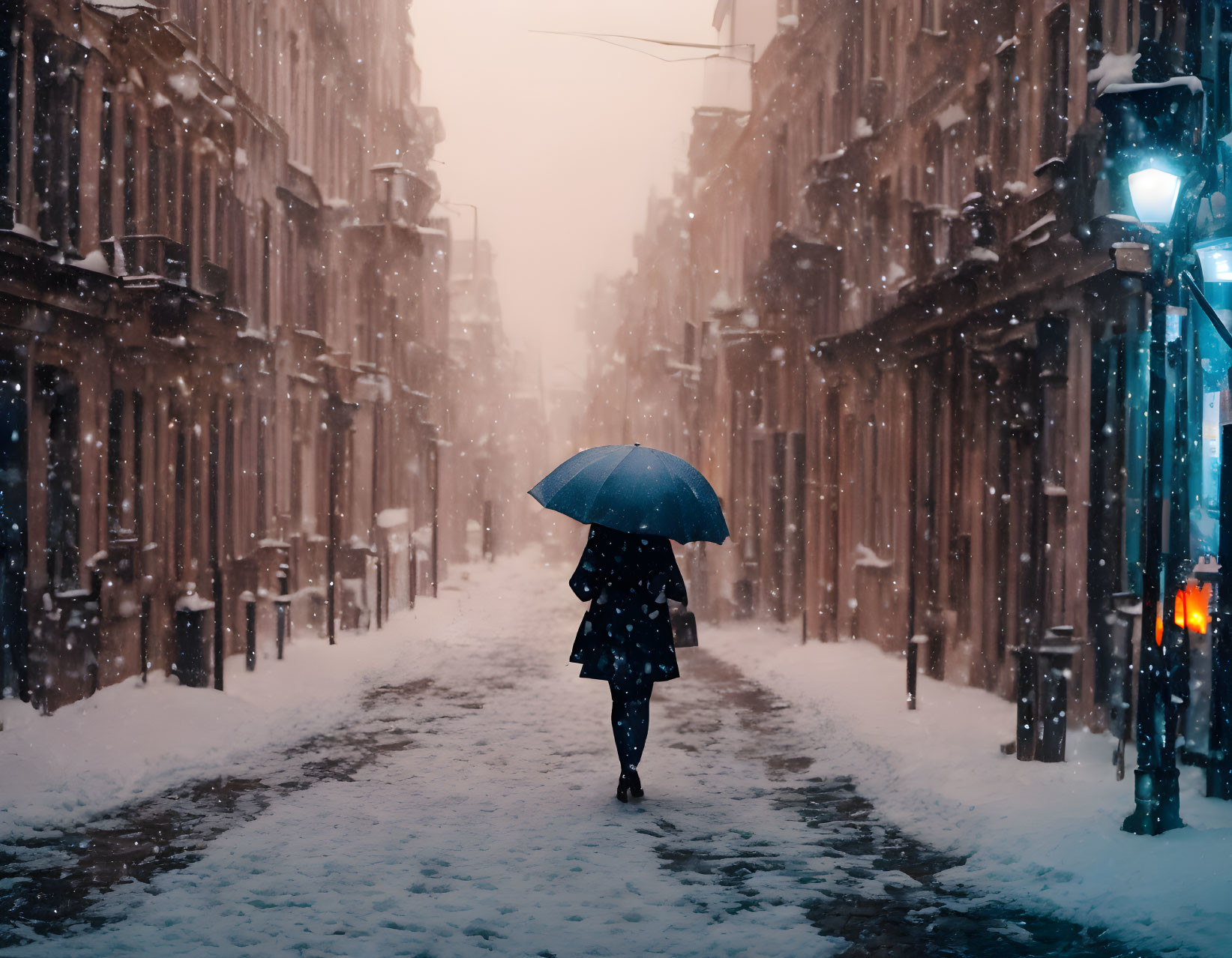 Person with umbrella walking on snowy street between buildings under falling snowflakes.