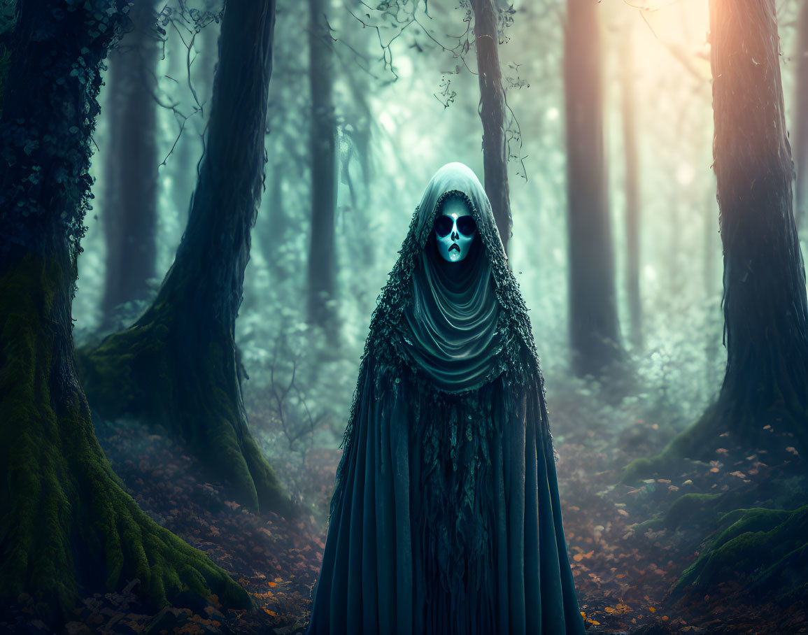 Ethereal figure in hooded cloak in misty forest