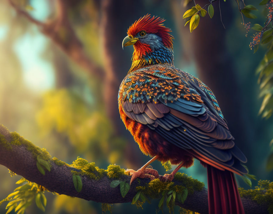 Colorful Bird with Orange, Blue, and Black Plumage Perched on Tree Branch