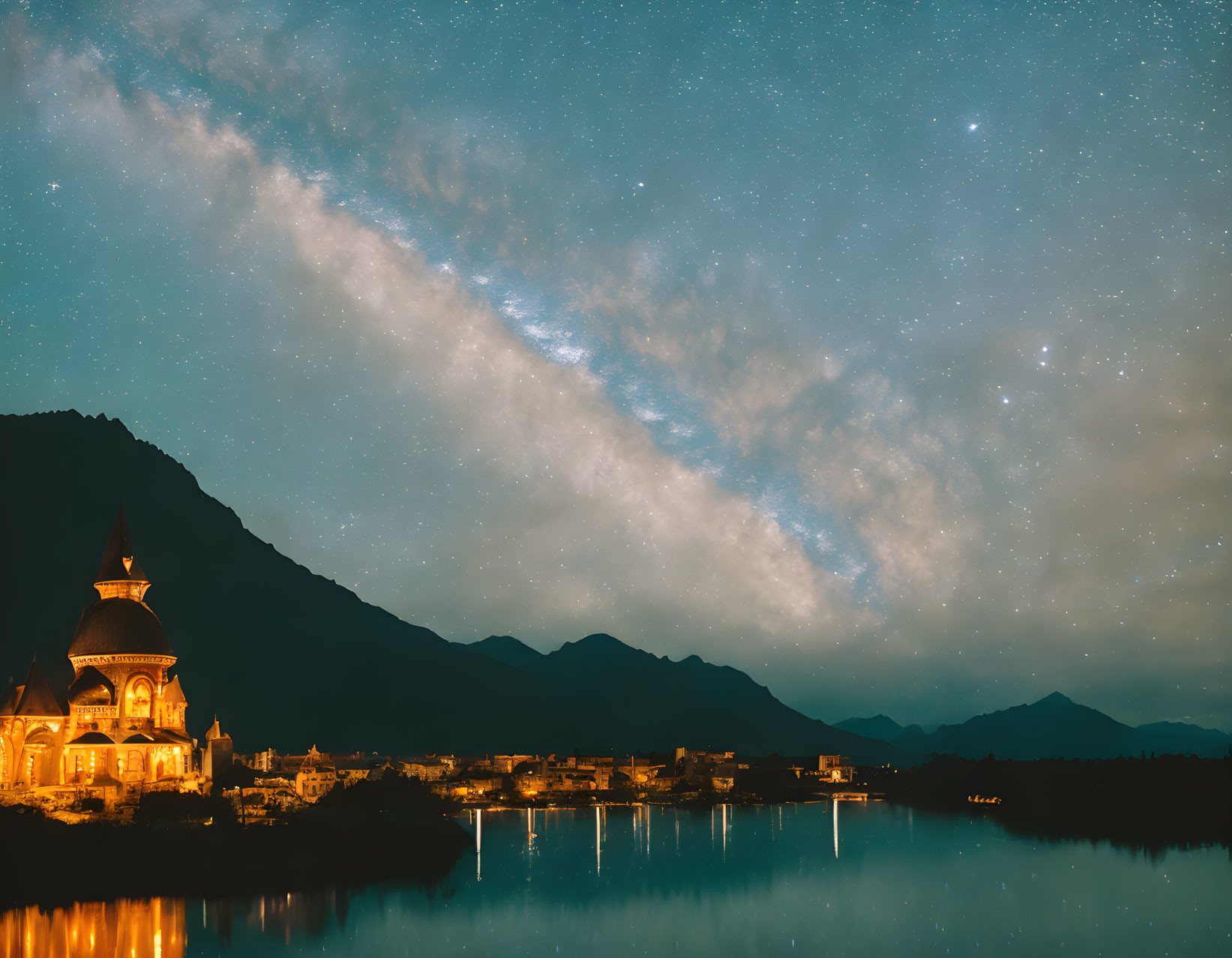 Brightly Lit Church by Lake Under Starry Sky and Milky Way