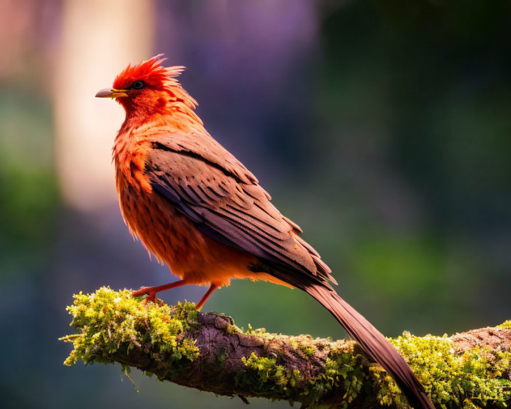 Colorful cardinal bird perched on mossy branch in nature scene