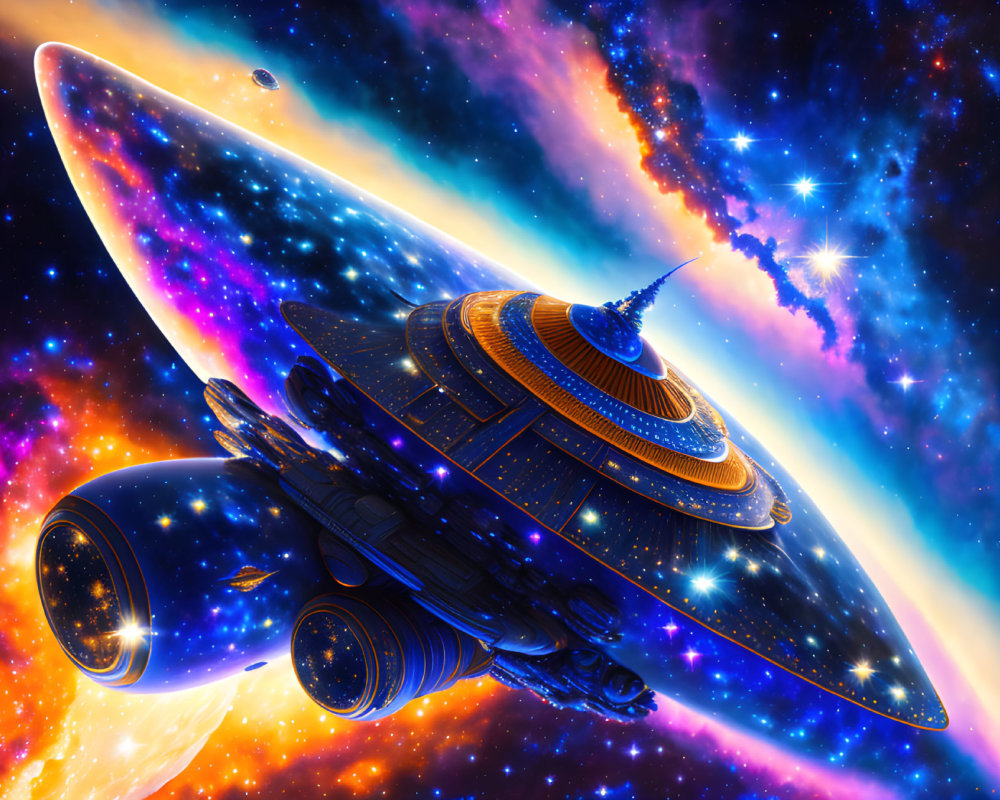 Detailed futuristic spaceship soaring through colorful nebula