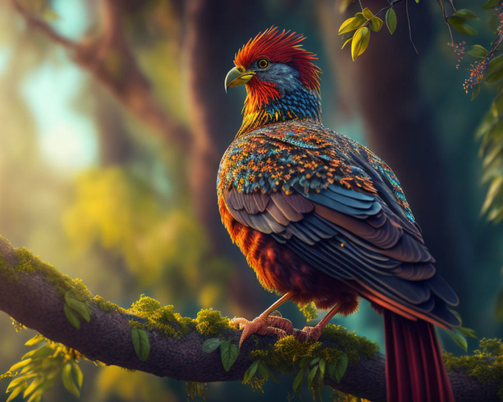 Colorful Bird with Orange, Blue, and Black Plumage Perched on Tree Branch