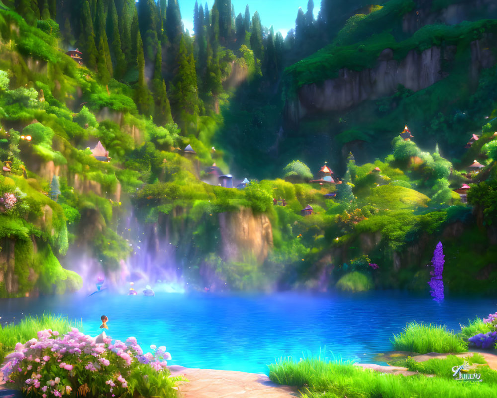 Fantasy landscape with blue lake, waterfalls, cottages & lush greenery