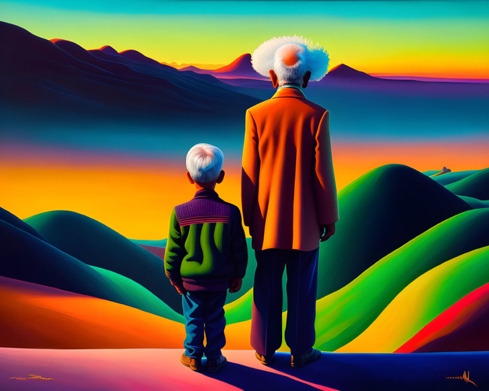 Adult and child with white hair in colorful landscape under purple sky.