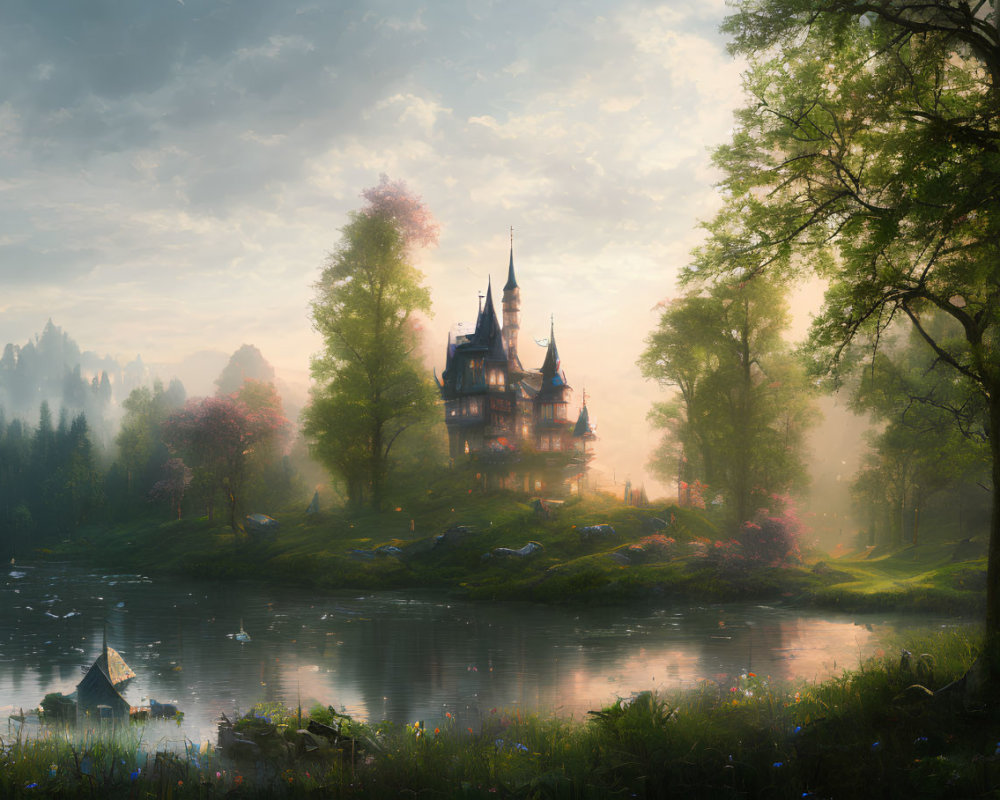 Majestic castle in serene fairy-tale landscape