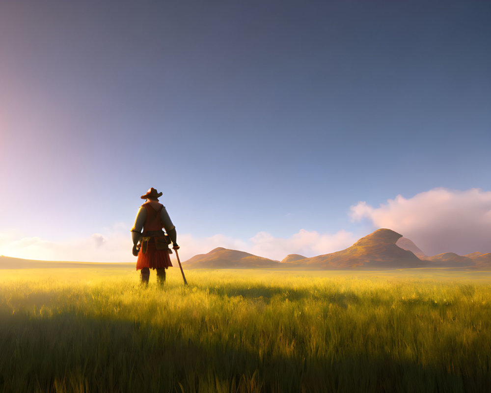 Figure in hat and cloak standing in sunlit field with mountains under blue sky