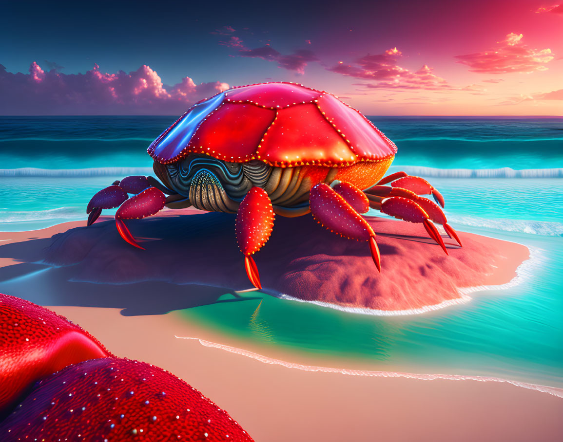 Colorful digital artwork: Large red crab with glowing shell on tropical beach at sunset