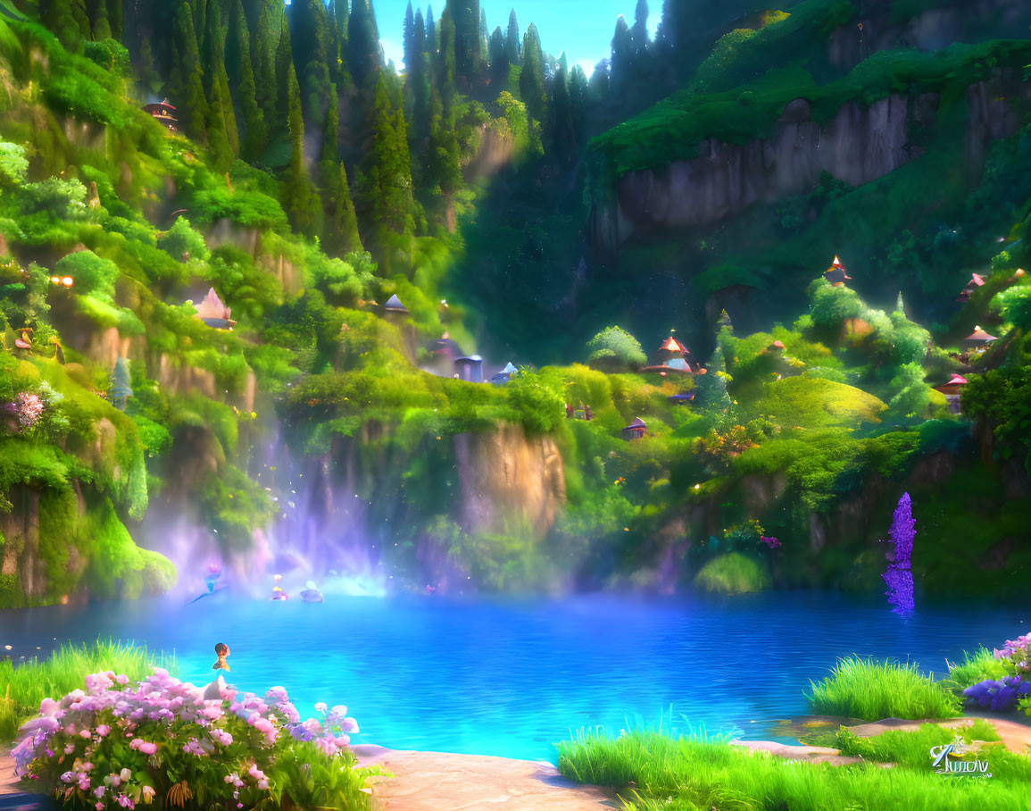 Fantasy landscape with blue lake, waterfalls, cottages & lush greenery