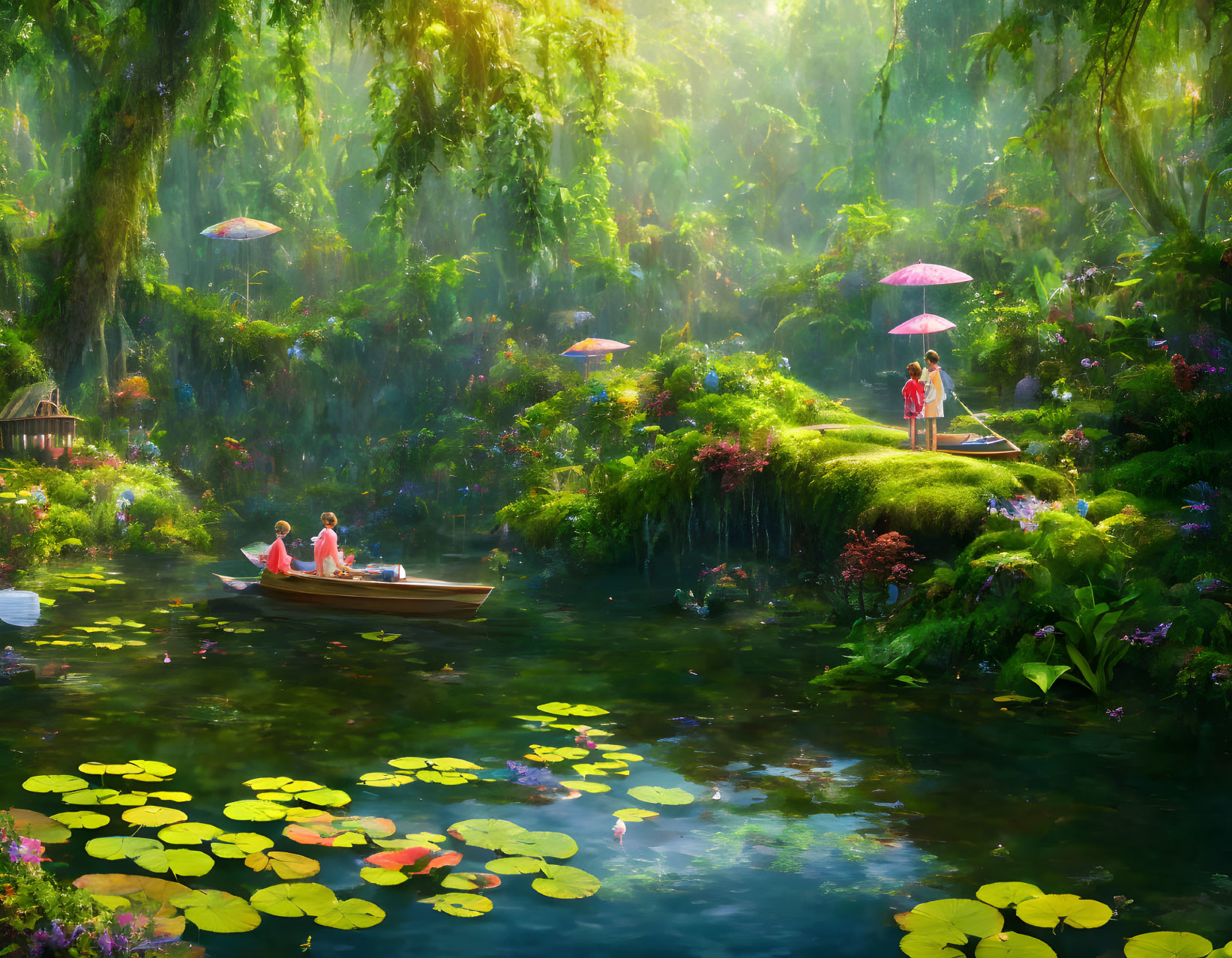 Colorful fantasy landscape with boats, island, lily pads, and moss-covered trees