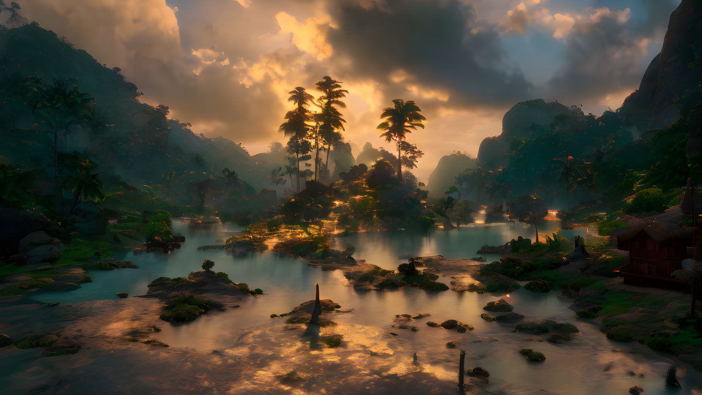 Tranquil riverscape at sunset with lush tropical foliage