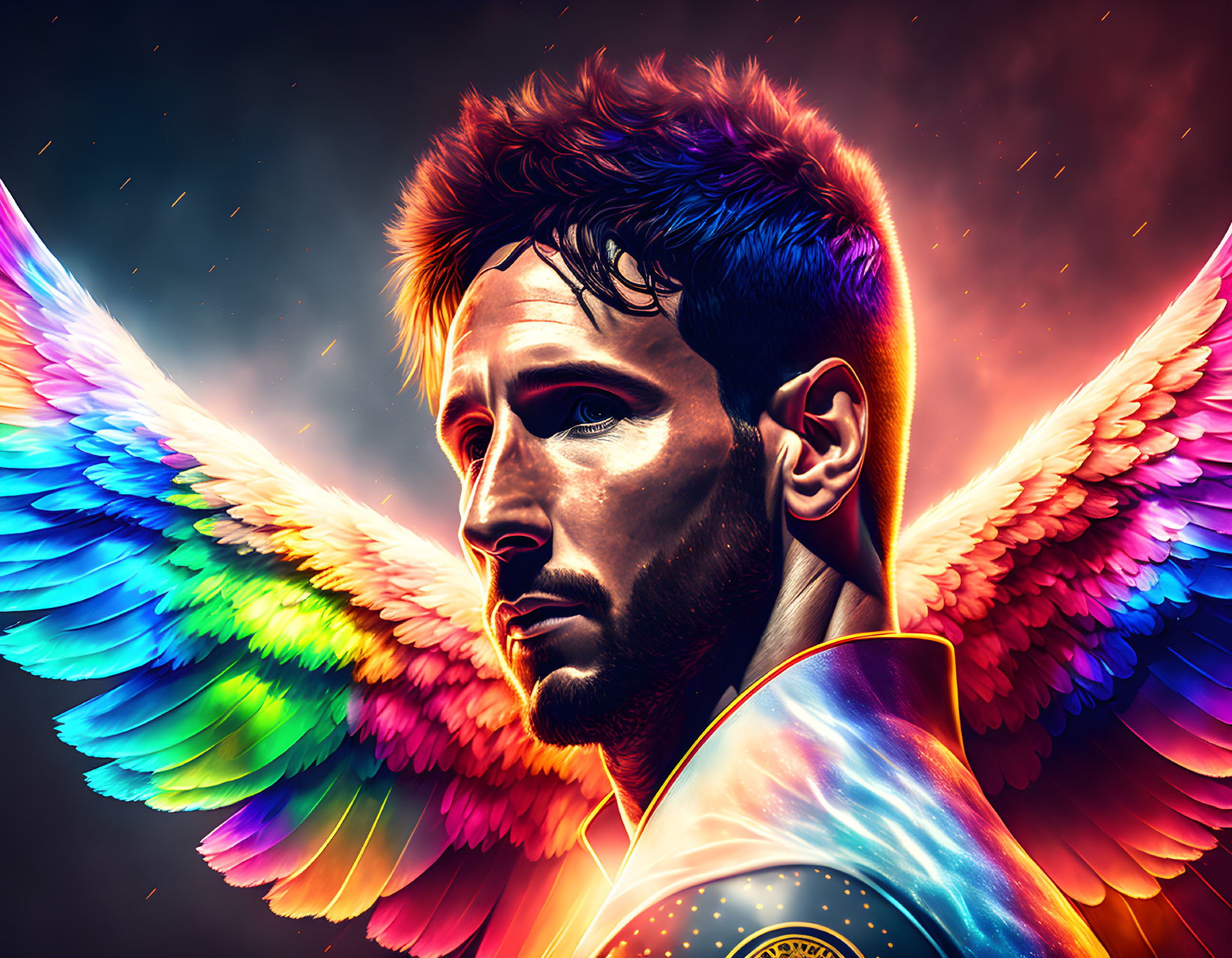 Vibrant digital artwork of a man with angel wings in cosmic setting