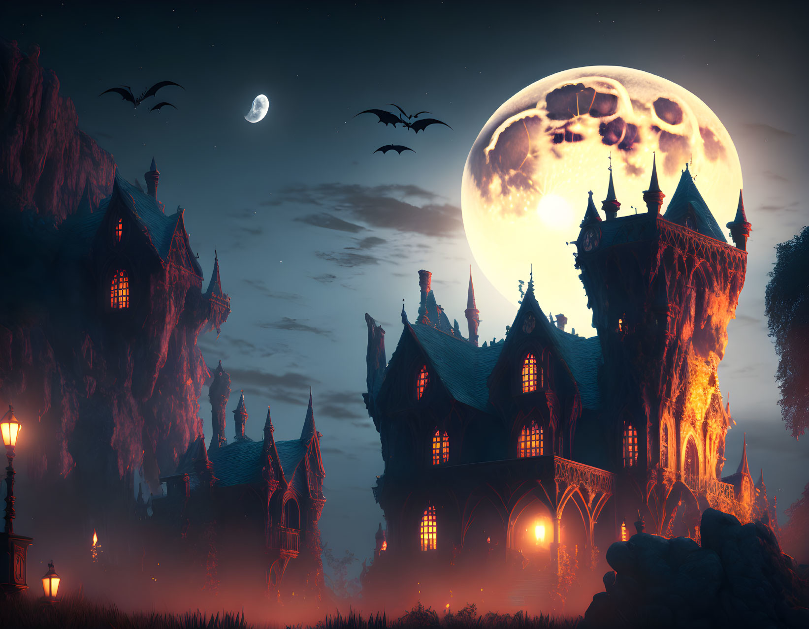 Gothic-style Houses with Illuminated Windows in Eerie Night Scene