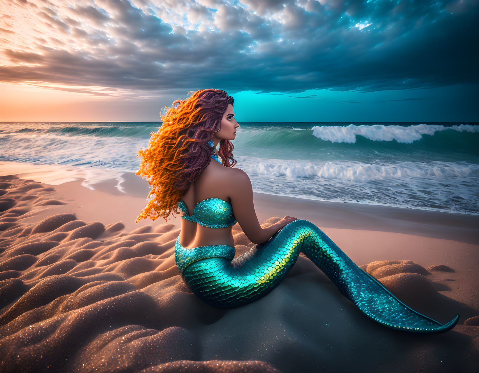 Red-haired mermaid on sandy beach at sunset with glistening green tail