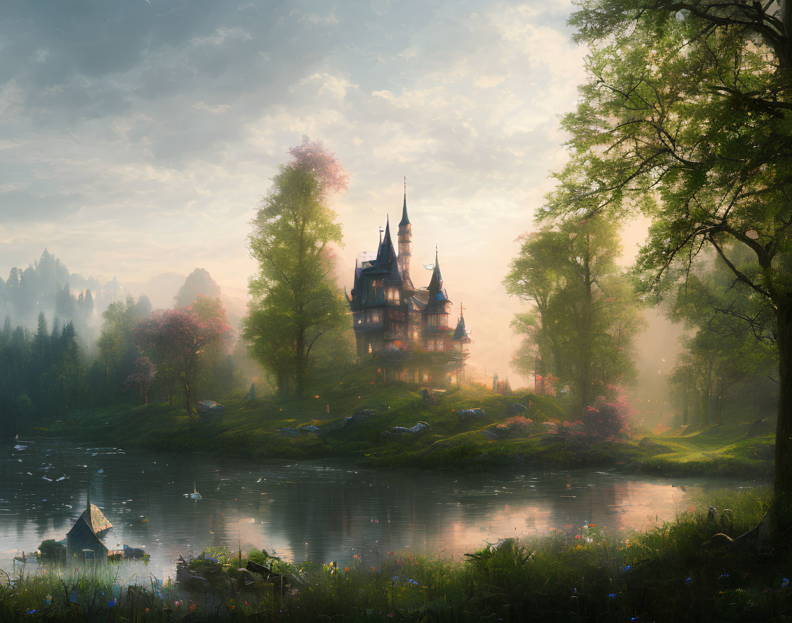 Majestic castle in serene fairy-tale landscape