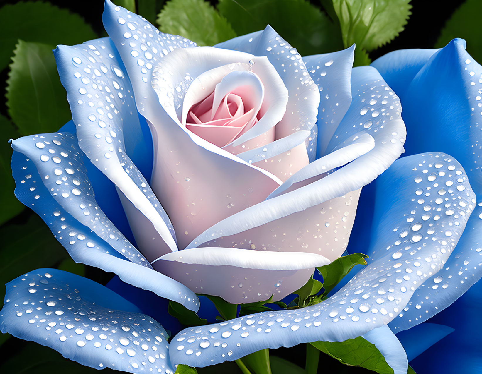 Digitally Enhanced Rose with Pink and Blue Petals on Green Foliage