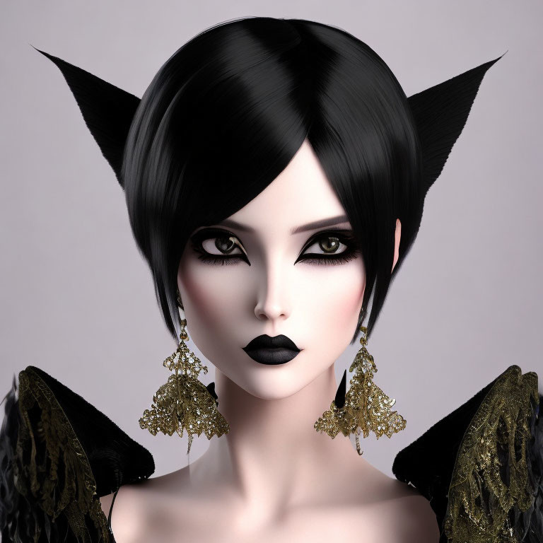 Digital portrait of fantasy figure with pale skin, pointed ears, black hair, dark lipstick, intense eyes