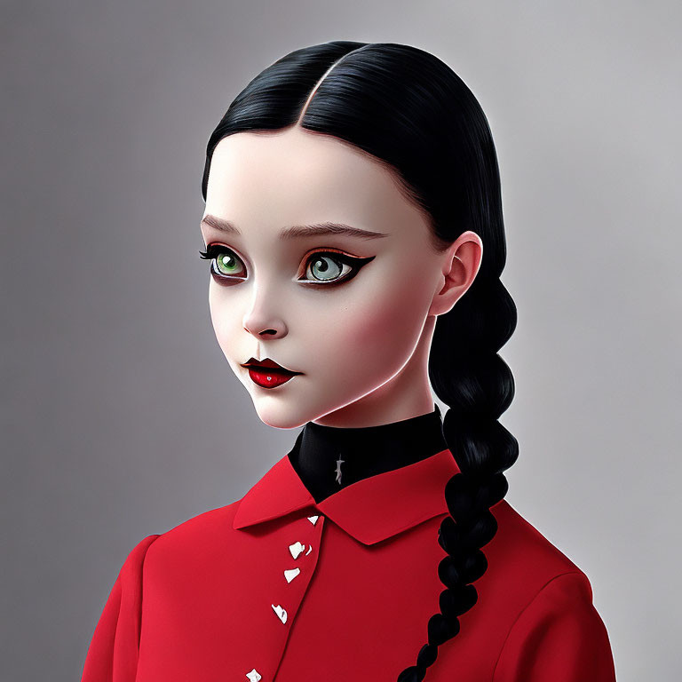 Digital art portrait of girl with large green eyes, black braided hair, red shirt with heart details